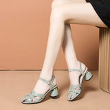 Word Buckle High Heels Female Baotou Mid-heel All-match Sandals Female Summer 2023 New Comfortable Hollow Fashion