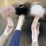5CM Summer Fluffy Peep Toe Sexy High Heels Women Shoes Fur Feather Lady Fashion Wedding Slip-On Square Toe Women