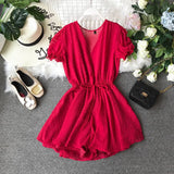 2020 New V-collar Flocking Point Chiffon Couplet Girls Summer Short Playsuits Women Short Sleeve Sweet Jumpsuits