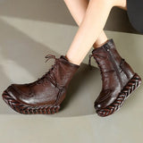 New Vintage Mother Flat Genuine Leather Ankle Boot for Women Cowhide Lace-Up Winter Warm Shoes Woman Platform Snow