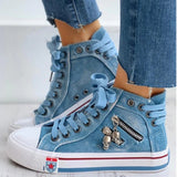 Breakj Spring And Autumn Denim High Help Canvas Shoes Ladies Casual Shoes Students Cloth Shoes Flat Shoes Shoes Single