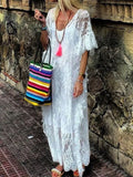 Women Summer Elegant Flared Short Sleeved Lace Resort Long Dress Sexy V Neck With Lining Party Dress Casual Loose Solid