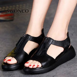 Women's Sandals Plus Size 34-42 Summer Genuine Leather Ladies Shoe Sandals Women Platform 4.5cm Heels Female