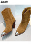 Toe Women's Knight Boots Elegant Genuine Suede Leather Short Boots Ladies Strange Heel Shoes Women Slip-on Mid-calf