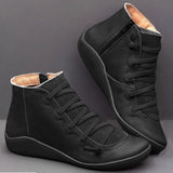 2022 New Women's Casual Flat Leather Retro Lace-up Boots Side Zipper Round Toe Shoe Leather Ankle Boots Zapatos Mujer Wram
