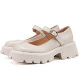 Mary Janes Shoes Women Natural Genuine Leather Platform High Heels Buckle Strap Thick Heel Ladies Footwear Spring