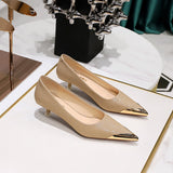 Breakj Retro Banquet Women's Shoes Show Thin Heel Middle Heel Shallow Metal Pointed Iron Head Snake Grain Single