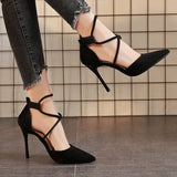 Breakj High Heels Women 2025 Autumn New Word Cross With Roman Sandals Velvet Fine Heel High Heels Women's
