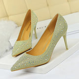 Breakj Korean Version Of Fashion Banquet Women's Shoes Thin Heel Shallow Mouth Pointed Head Sexy Show Thin Water Diamond Color Diamond High Heel Single
