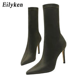 2022 Spring Fashion Stretch Fabric Women Boots Pointed Toe Ankle Boots High heels Shoes Autumn Winter Female Socks