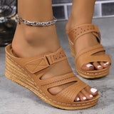 Breakj Size Slope Heel Slippers Female 2024 Summer New Velcro Hollow Casual Slippers Female
