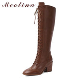 Winter Knee High Boots Women Natural Genuine Leather Chunky High Heel Tall Boots Zipper Round Toe Shoes Lady Size