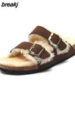 2023 New Fur Inside Cork Slipper Autumn Winter Women Casual Nubuck Leather Outside Men Buckle Soft Plush Slides