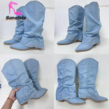 Boots Women 2023 New Fashion European Style Pointed Toe Denim Mid Calf Boots Causal Dress Street Fashion Boots