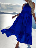 Ladies Summer Sleeveless Beach Dress Spring Solid Simple Pleated Bohemian Dress Women's New Round Neck Loose A-Line Long