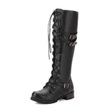 Breakj Boots Round Head Belt Buckle Flat-Bottomed Long Boots Women Autumn And Winter New Rivet Tie With High-Spring Knight