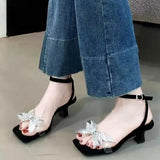Breakj Plus-Size Women's Shoes 2025 New Square Head Low Korean Version Of Sandals Women's Bow Water Drill High