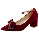 Pointed Toe Bride Shoes for Wedding 2023 Luxury Pearls Ankle Strap Flock Pumps Woman Bowknot Sqaure Heels Party Shoes