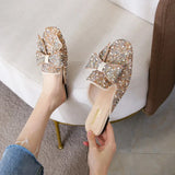 Crystal Ladies Slippers Mules Slides Slippers Women Shoes Bow Knot Square toe Square Flat Shoes Woman