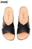 2023 Fashion Men Beach Cross Cork Slippers Summer Unisex Solid Color Non-slip Outside PU Leather Slide