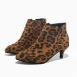 Suede Ankle Boot Mid Stiletto Heel Side Zip Pointed Toe Party Work Outdoor Shoe Fine Heel Leopard Print