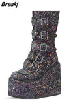 Design Gothic Style INS Hot Sale Great Quality Fashion Motorcycle Boots Big Size 34-50 Wedges Buckles Platform