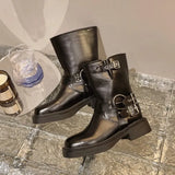 Women's Ankle Boots Autumn Work Fashion Elegant Punk New in Black Luxury Low Heel Round Toe Leather Dropshipping Center