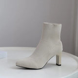 Fashion Women Boots Beige Pointed Toe Yarn Elastic Ankle Boots Thick Heels Shoes Autumn Winter Female Socks