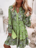 Fashion Flare Sleeve Women Party Dress Spring Vintage Floral Print Loose Dress Lady Elegant V Neck Ruffle Beach Pullover
