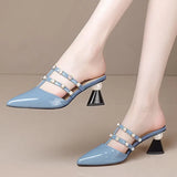 Leather Pointed Rhinestone String Bead Women Slippers Fashion Breathable Comfort High Heels Baotou Wearable