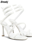 Style Sexy Snake Straps Women Sandals Summer 2023 Luxury Brand Thin Heeled Sandals Rhinestone Fashion Elegant Female