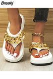 Sumer Women Colorful Graffiti Printed Platform Flip Flops Golden Chain Casual Sandals Ladies Beach Shoes Outdoor