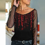 Lady Fashion Tie Dye Print Shirt Spring Autumn Net Yarn Sleeve Splicing Blouses Tops Women Elegant Round Neck Slim Tops