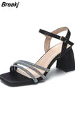 Square Head Large Size Shoes Rhinestone High-heeled Sandals Female Outdoor Walking Pumps Sandalias De Verano Para