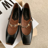 Collision Proof Metal Square Head Single Shoes Women's Fashion Spring Low Heel One Word Buckle Shallow Mouth Single Shoes Leather Mary