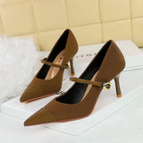 Breakj Korean Version Of Fashion Banquet High Heels Women's Shoes With Light Corduroy Stitching Pointed One Word Belt Single