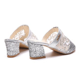 New Lady's Mesh Slippers High With Thick With Fish Mouth Hollow Out A Character Sequin Cool Drag
