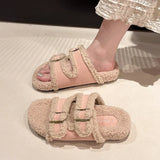 Slippers Female 2024 Autumn / Winter New Korean Version Of Fashion Color Stitching Soft Wool And Velvet Belt Buckle