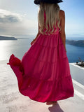 Ladies Summer Sleeveless Beach Dress Spring Solid Simple Pleated Bohemian Dress Women's New Round Neck Loose A-Line Long