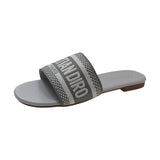 Breakj Slippers Wearing Women 2025 Summer New Letter Embroidered Flat Bottom One-Word Drag Fashion Leisure Beach