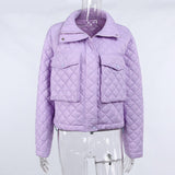 Plaid Cotton Jacket Women Pocket Coat 2021 Autumn Winter Fashion Warm Streetwear Turn-down Collar Zipper Purple