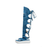 Women Roman Hollow Pinch High Tube Sandals Straps Wedge Heel Casual Large Size Female Denim Jeans Over The Knee Tong Toe