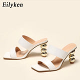 New Design Metal Strange High Heels Summer Women Slipper Elegant Square Toe Slip-On Sliders Shoes Ladies Sandals Size