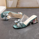 Women Sandals Pvc Crystal Flower Decoration Chunky Heel Peep Toe Brand Elegant Fashion Shoes