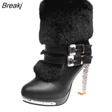 Shoes Women High Heels Boots Fashion Ladies Party Shoes Warm Fur Shoes Woman Super High Heel 10cm Black White