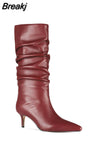 Women Mid-Calf Boots Sexy Solid Color Leather Folds Boots Pointed Toe Thin Heels Stiletto Party Shoes Large Size