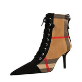 Breakj Korean Version Of Fashion With High Heel Pointed Plaid Color Suede Lace Trend Cross Straps Ankle