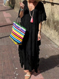 Women Summer Elegant Flared Short Sleeved Lace Resort Long Dress Sexy V Neck With Lining Party Dress Casual Loose Solid