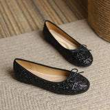 Big Size Bowtie flat shoes woman round toe crystal glitter slip on loafers soft bottom bow ballet flats ladies OL