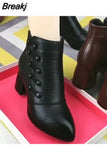 Autumn Winter Women Boots Pu Leather Solid Color Mid Chunky Heel Ankle Boots Button Pumps Shoes Warm Ladies Short